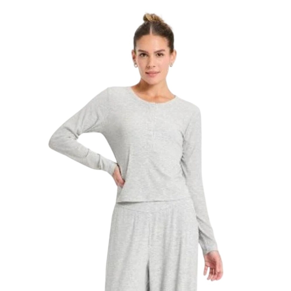All in Motion Women's Gray Ribbed Henley Long Sleeve Top Size Small